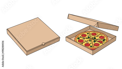 Two cardboard pizza boxes with one closed and one open revealing a freshly baked pepperoni pizza inside on a white surface.