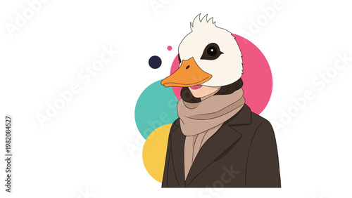 Modern character illustration of a person wearing a large white duck mask with a warm scarf and a long brown coat.