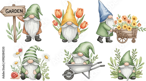 Garden Gnomes with Flowers, Wheelbarrow, and Garden Tools for Spring, Gardening, and Nature Designs"