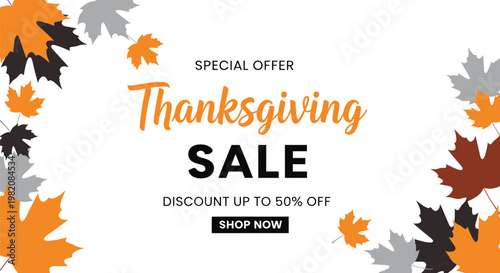 Thanksgiving sale banner, autumn leaves, special offer template, vector