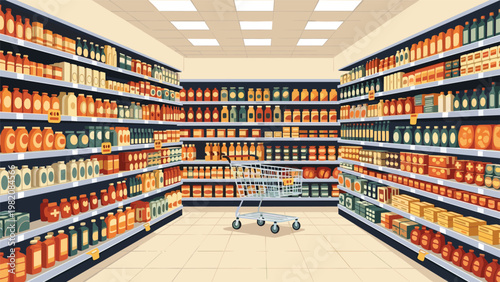 Interior view of a supermarket aisle with rows of shelves filled with various products and a lone shopping cart.