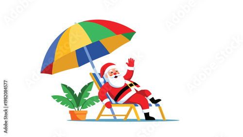 Santa Claus taking a summer vacation and relaxing on a beach chair under a colorful umbrella with a potted palm.