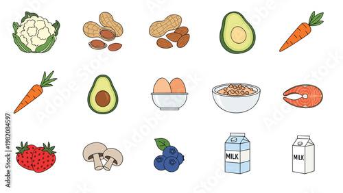 Healthy food icons set includes vegetables, fruits, eggs, fish, and dairy products to promote balanced diet and nutritional awareness.