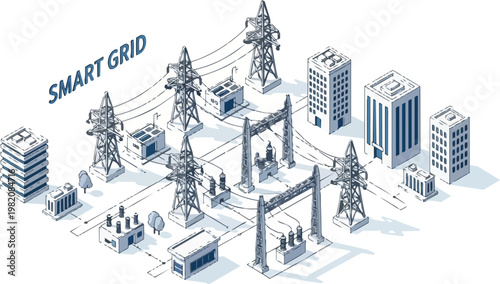 Isometric Smart Grid Illustration Depicting Energy Distribution Network with High Voltage Power Lines, Substations, and Urban Buildings for Modern City Infrastructure