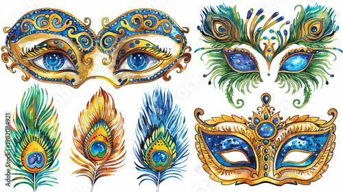 Watercolor illustration of carnival masks and peacock feathers on white background