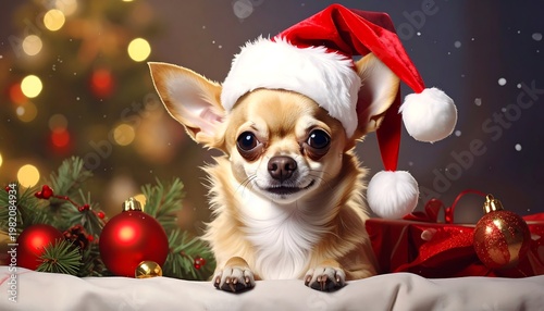 Small tan dog wears a Santa hat, sitting near ornaments and presents, Christmas tree in background, blurred bokeh