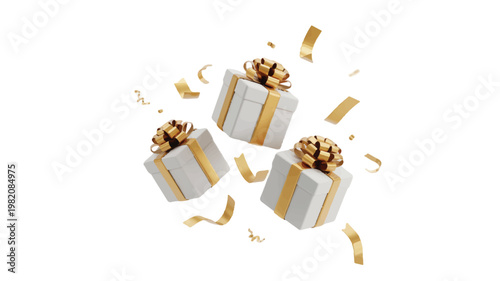 A trio of festive gift boxes adorned with golden ribbons and confetti, perfect for celebrations and holiday promotions
