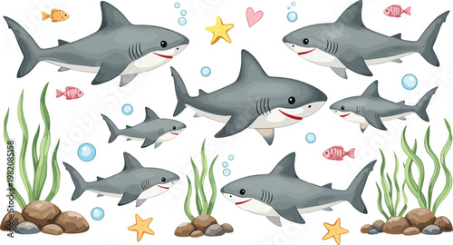 Sharks Swimming with Fish, Seaweed, and Stars in an Underwater Ocean Scene for Marine Life Designs"