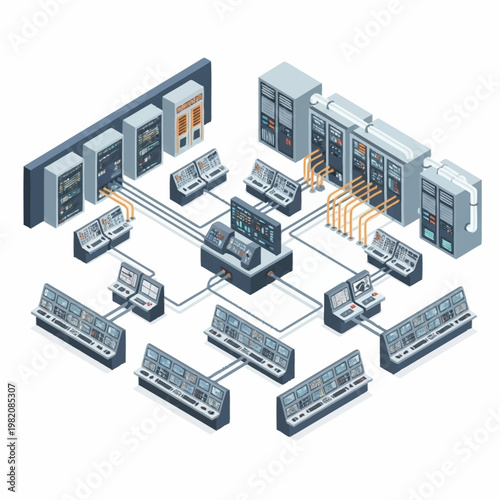 Isometric illustration of a complex data center with servers, control panels, and network connections.