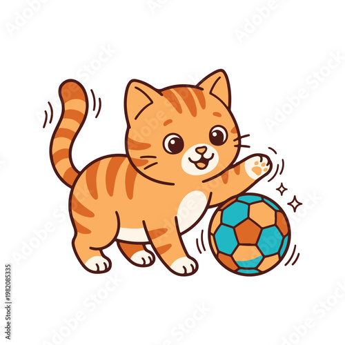 A cute cartoon cat plays with a colorful soccer ball outdoors