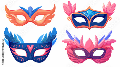 Four illustrated carnival masks with various colors and feather details on a white background
