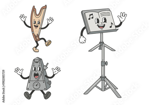 Musical Equipment Character Collection with Lyre Harp, Metronome and Music Stand in Vintage Retro Rubber Hose Cartoon Style Vector Illustration