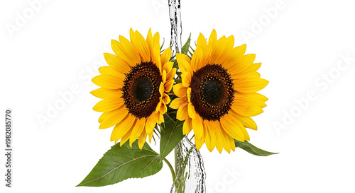 Two vibrant sunflowers with green leaves against a clean white background, isolated, showcasing bright yellow petals and dark centers, ideal for summer themes and nature designs.