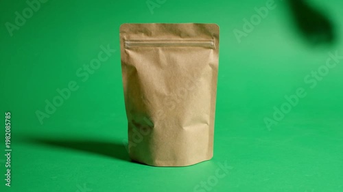 Brown kraft paper pouch mockup placed by hands on green background