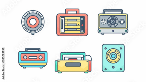 Six colorful retro electronics speaker, projector, record player, cassette player, and more