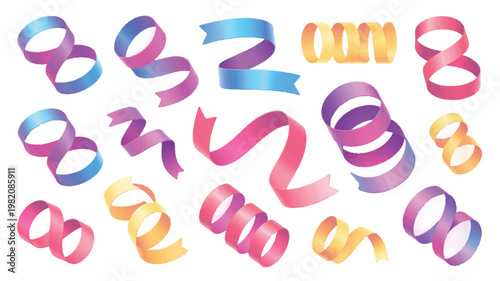 Vibrant isolated vector graphic set featuring colorful curling ribbons and festive streamers. Ideal for party decorations, celebration designs, and joyful event backgrounds