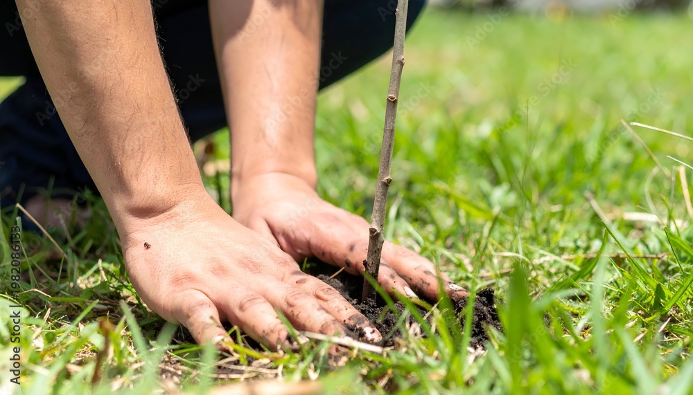 Fototapeta premium Planting a Tree Sapling by Hands in Green Soil for Earth Day
