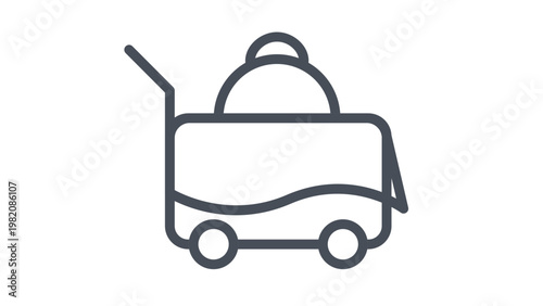 Minimalist black vector icon illustration of a food service cart or room service trolley with a cloche food cover, perfect for restaurant, hotel dining, catering, and hospitality graphics.