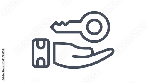 Minimalist black line vector icon illustration of a hand holding a key, symbolizing real estate handover, car rental service, security access, property ownership, and business solution symbol.