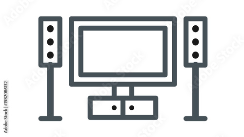 Home theater system vector icon illustration featuring a flat screen television on a media stand flanked by two tall floor-standing speakers, minimalist black line art symbol for home cinema.