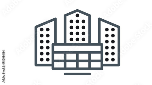 Принти на полотні Minimalist black line art vector icon illustration of a modern city skyline featuring three tall skyscrapers and a smaller building in the foreground, representing urban architecture and business