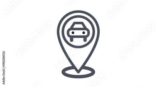 Car location pin vector icon illustration, minimalist GPS navigation map marker for vehicle tracking and parking spot identification, automotive transportation destination symbol graphic design.