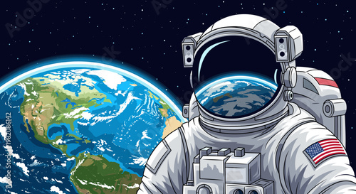 Astronaut in a space suit with an American flag patch floats above Earth, reflecting the blue planet in their helmet visor amidst a starry cosmos.