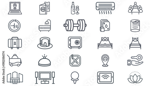 25 Minimalist Black Vector Icon Set Collection Bundle for Business, Travel, Hotel, and Lifestyle. Symbols for Fitness, Food, Technology, Real Estate, Casino, Sports, Home Interior, and Services.