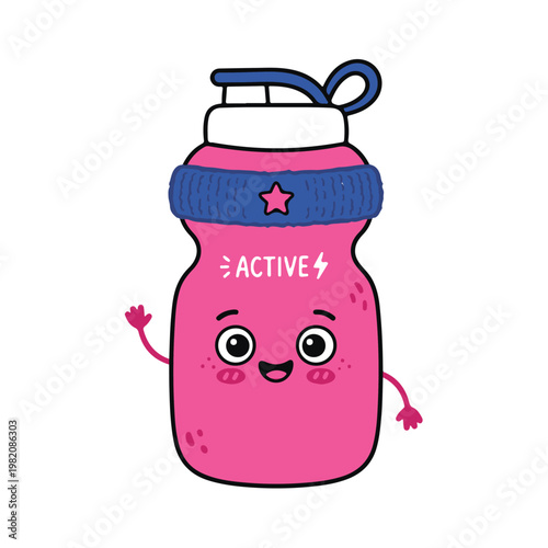 A cartoon pink sports bottle with a smiling face is shown actively wearing a blue hat.