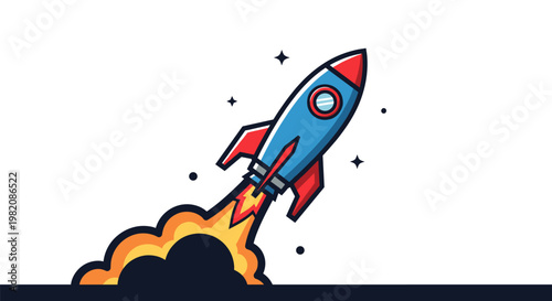Vibrant cartoon illustration of a blue and red rocket launching upwards with a fiery orange and yellow exhaust trail, symbolizing startup success and innovation.