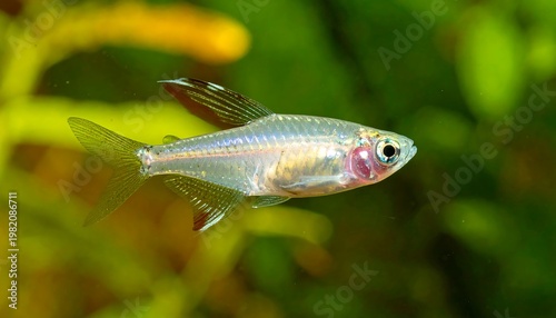 Small, translucent fish with iridescent scales swims amongst lush, blurred green foliage in an aquarium