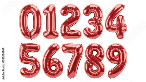 Set of red metallic helium balloons shaped like numbers zero through nine, isolated on a white background