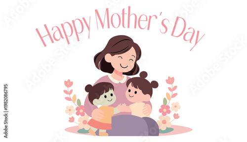 Happy mothers day cheerful mother embracing her two daughters surrounded by flowers