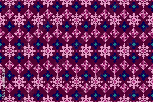 Geometric ethnic pattern in shades of purple, pink, and blue. Inspired by traditional weaving motifs with a modern color twist. Ideal for textile, wallpaper, or digital background design.