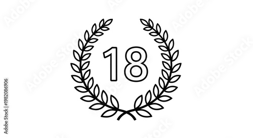 Number 18 inside a black outline laurel wreath, isolated white background.
