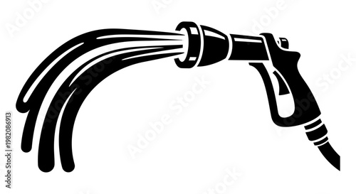 Stylized water hose nozzle spraying water, depicting cleaning and gardening activity on isolated white background.