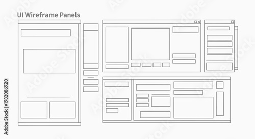 Web design UI wireframe panels layout for website or application development, isolated white background.