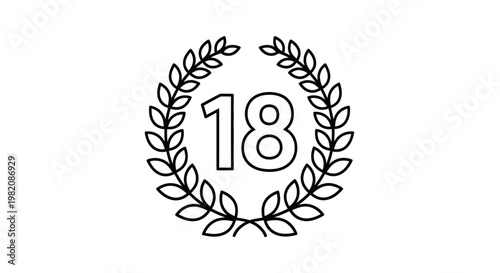 Number 18 inside a black line art laurel wreath, isolated white background.