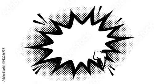 Comic explosion boom speech bubble with dynamic halftone effect on isolated white background.