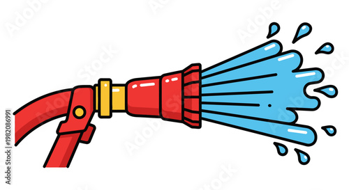 Red fire hose spraying blue water with drops, isolated white background.