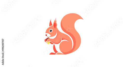 Cute cartoon squirrel illustration holding and eating a nut. Adorable rodent character with bushy tail on white background.