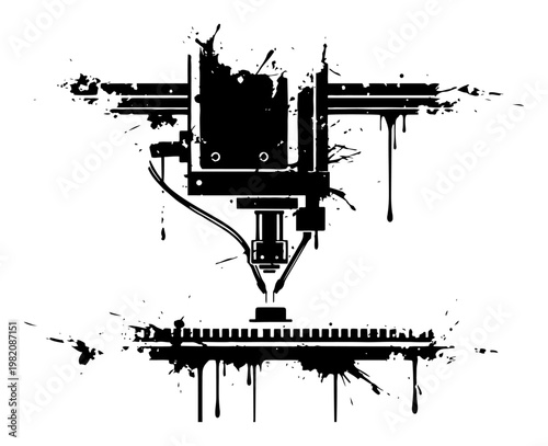 3D printer head nozzle manufacturing part with black ink splatters and dripping paint industrial style