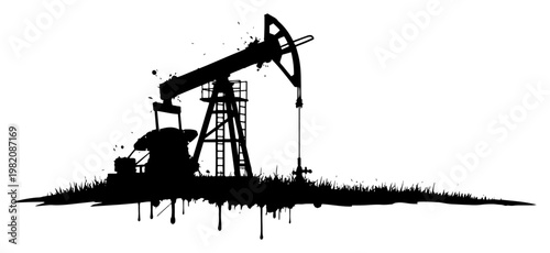 Oil pump jack extraction machine with black ink splatters and dripping paint vintage grunge style