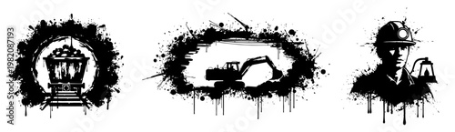 Mining industry icons featuring coal cart excavator and miner in grunge splatter style