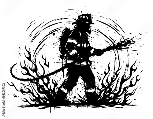 Fotografie Brave firefighter holding hose battling wild flames and fire in stylized ink spl