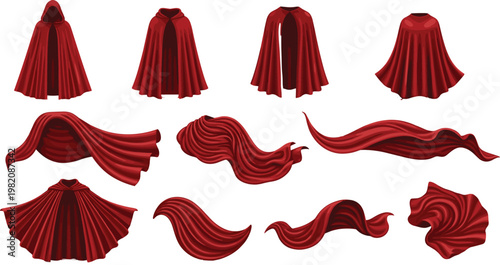 Flowing red fabric drapery vector illustration set featuring silky cloth waves folds and cape shapes isolated on clean background for fashion and design use