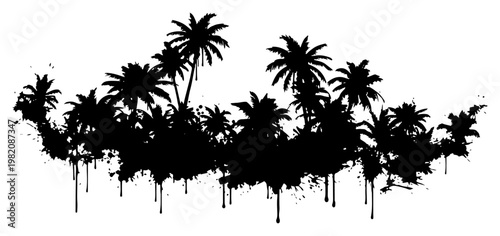 Tropical palm trees island landscape with grunge splatter and dripping ink paint effect style