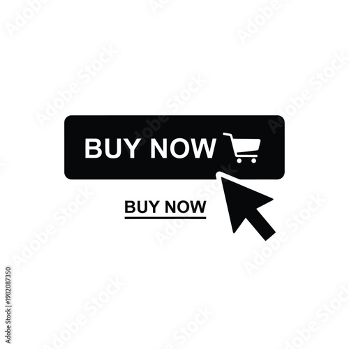 A minimalist graphic depicts a black buy now button with a shopping cart icon and a cursor pointing towards it