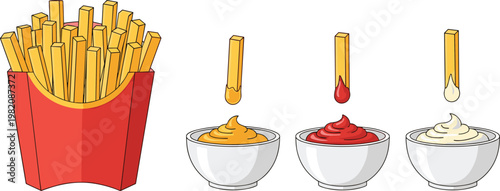 French fries with dipping sauces vector illustration featuring crispy potato sticks with ketchup mustard and mayonnaise isolated on clean background for fast food design