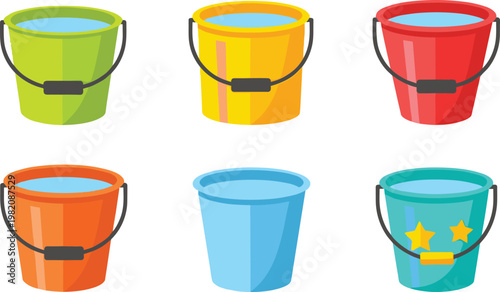 Colorful plastic buckets vector illustration set featuring water filled pails with handles in different bright colors isolated on clean background for household and cleaning design